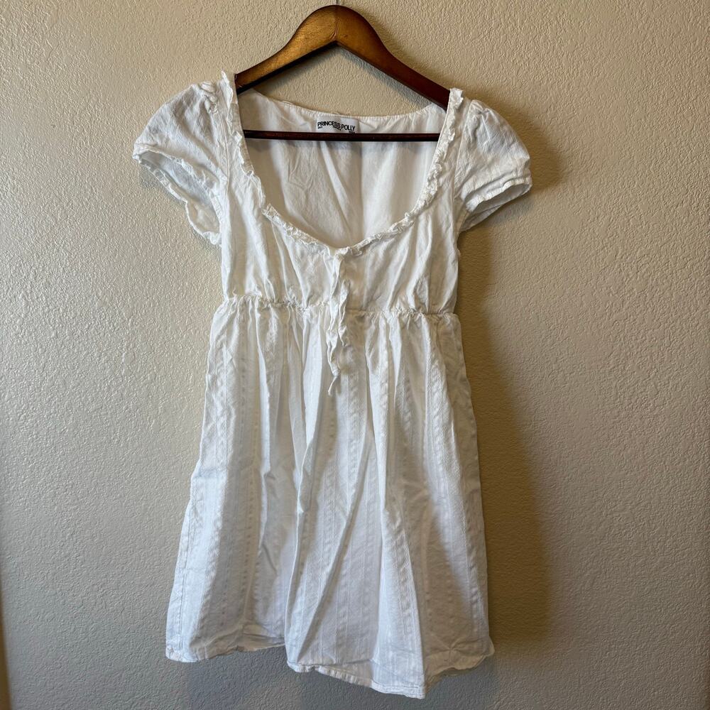 Princess Polly White Cotton Babydoll Mini Dress Puff Sleeve Tie Front US 2